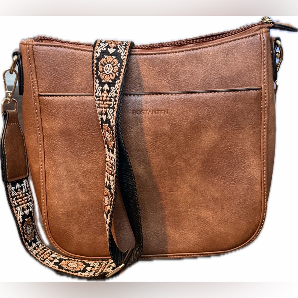 BOSTANTEN Tan Leather Crossbody Bag with Decorative Strap